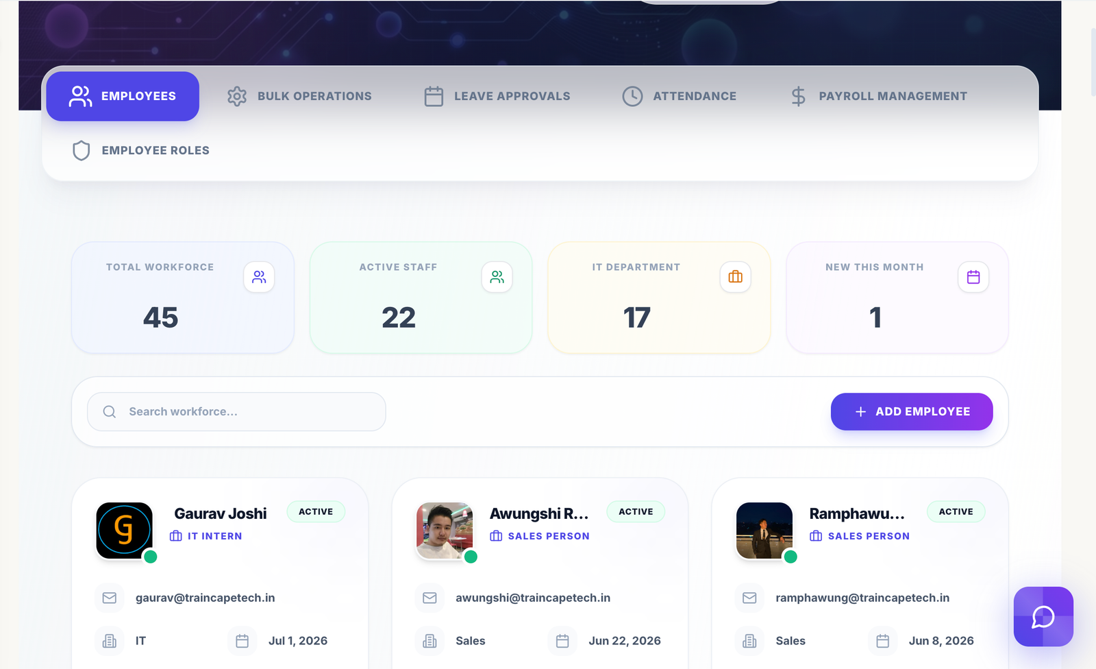 Traincape HRMS Dashboard Mockup