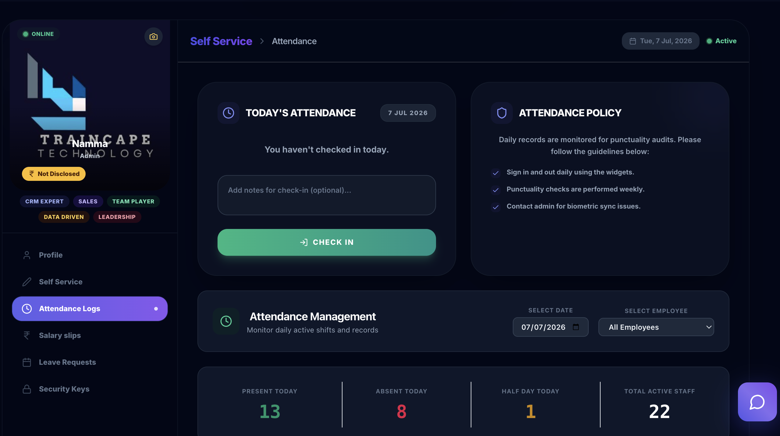 Traincape Corporate Services settings Screen Preview
